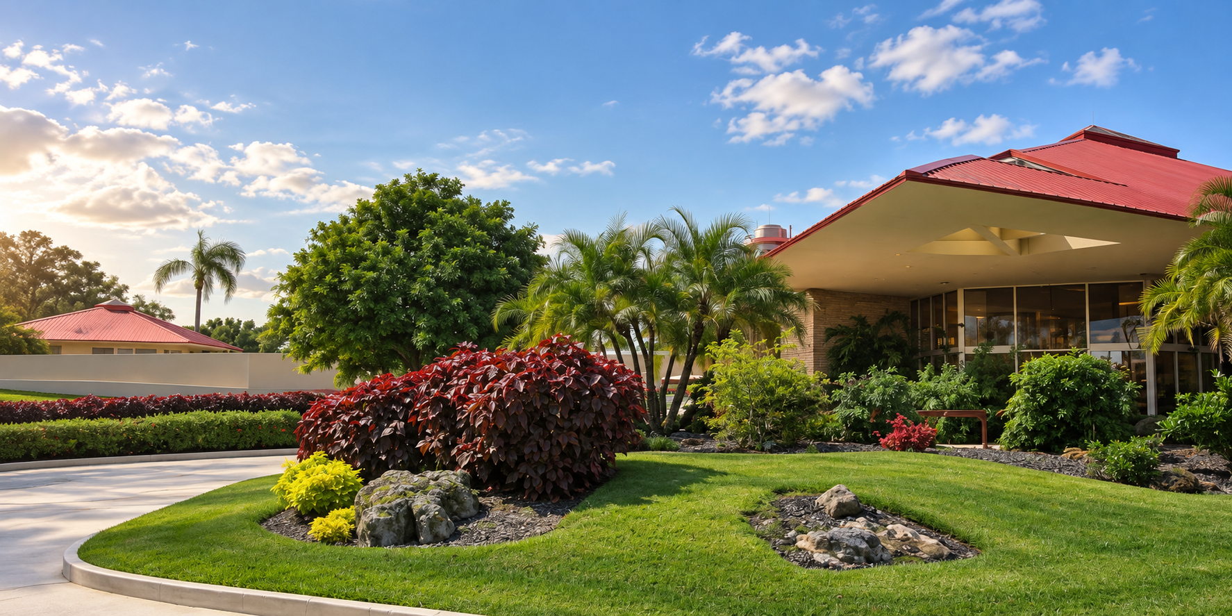 Elegant terrace overlooking a Florida golf course at sunset